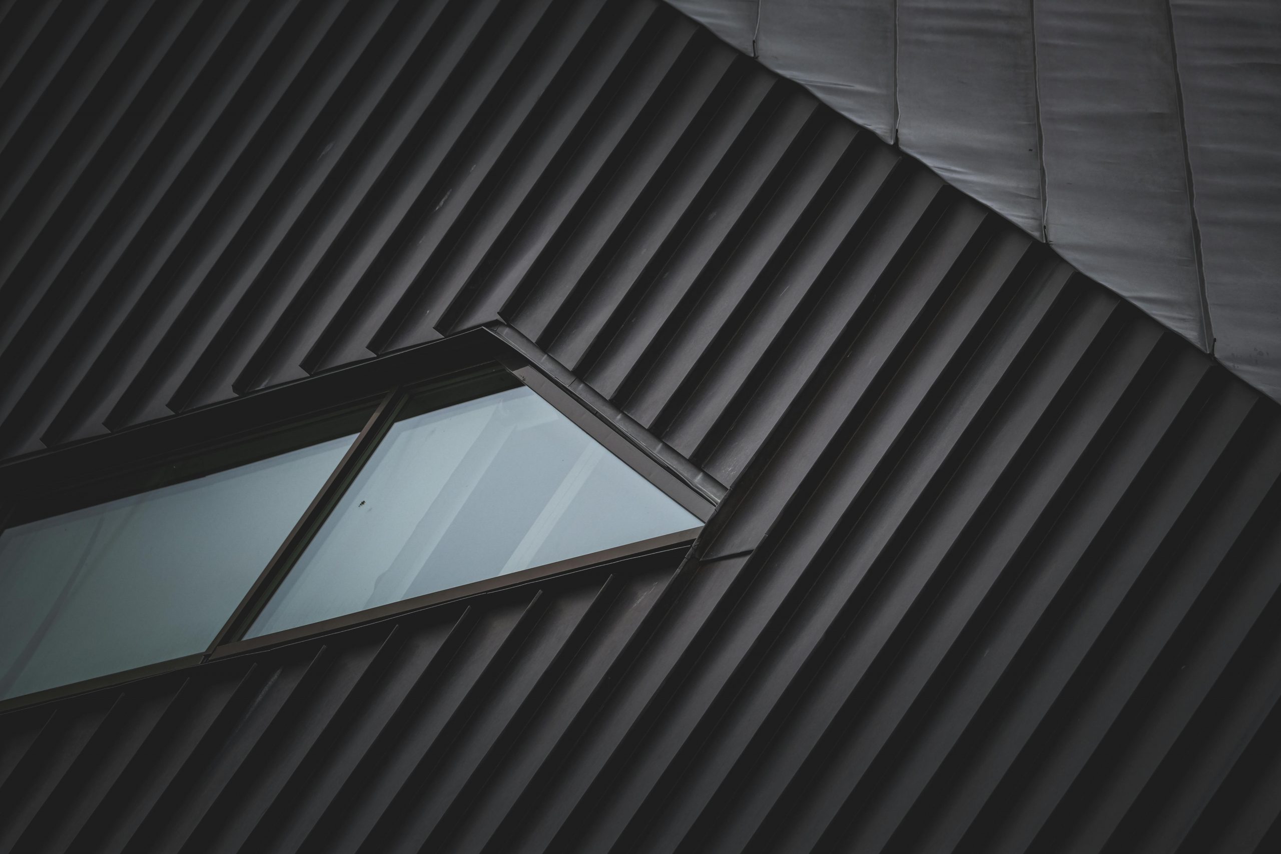 gray metal roof featuring a rooflight